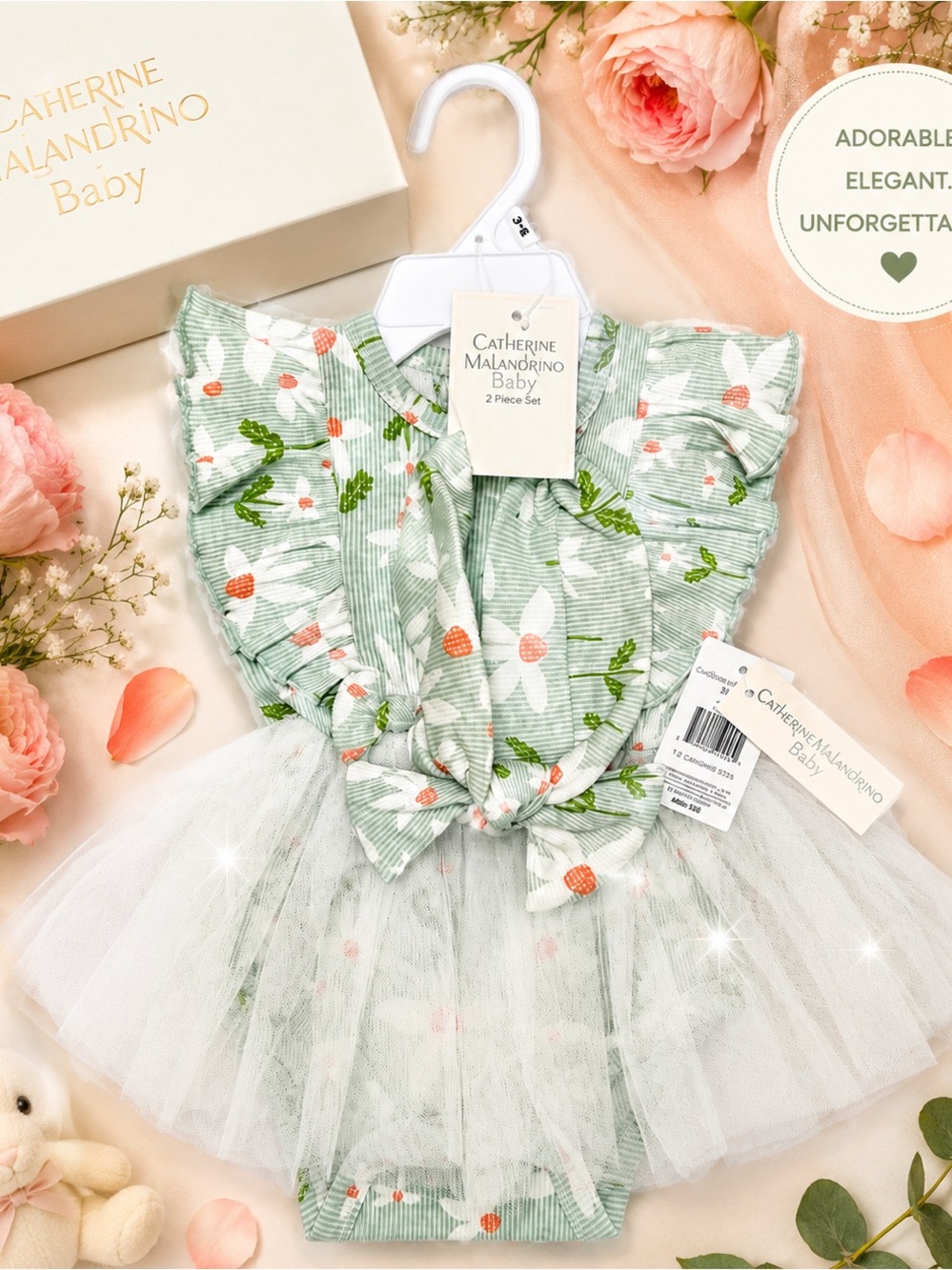 NEW - Catherine Malandrino Floral Tulle Romper Dress & Headabnd - Size 3-6M